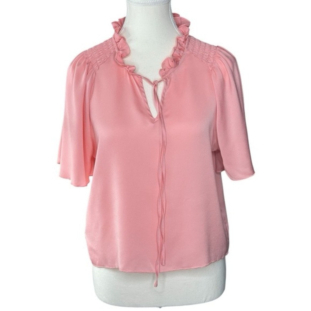 BCBGeneration Pink Flutter Sleeve Ruffle Tie Neck‎ Smocked Blouse 1TX1C12 Small
